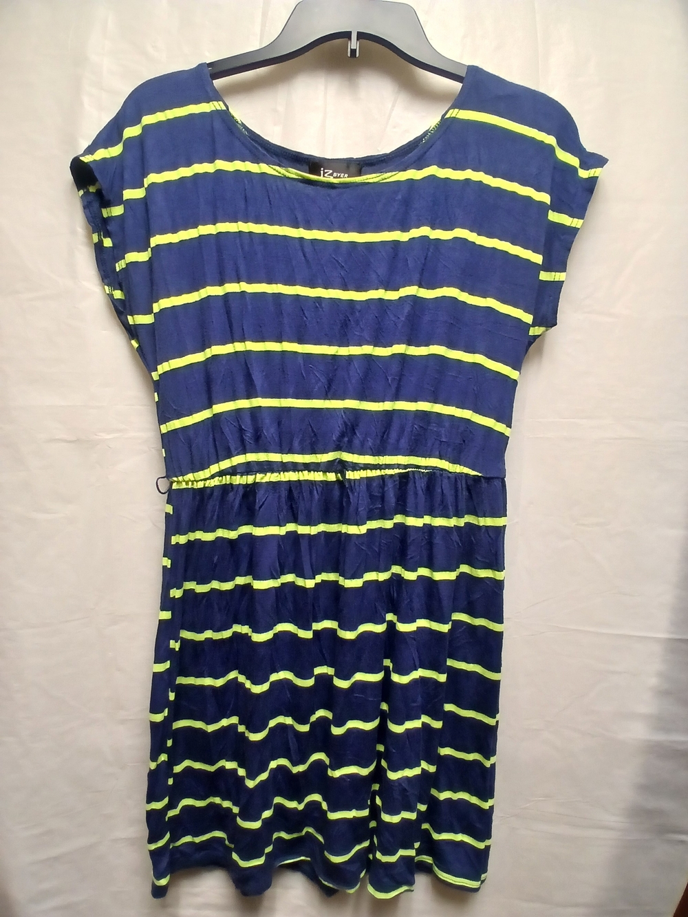 Iz Byer Navy and Neon Yellow Striped Casual Tunic
